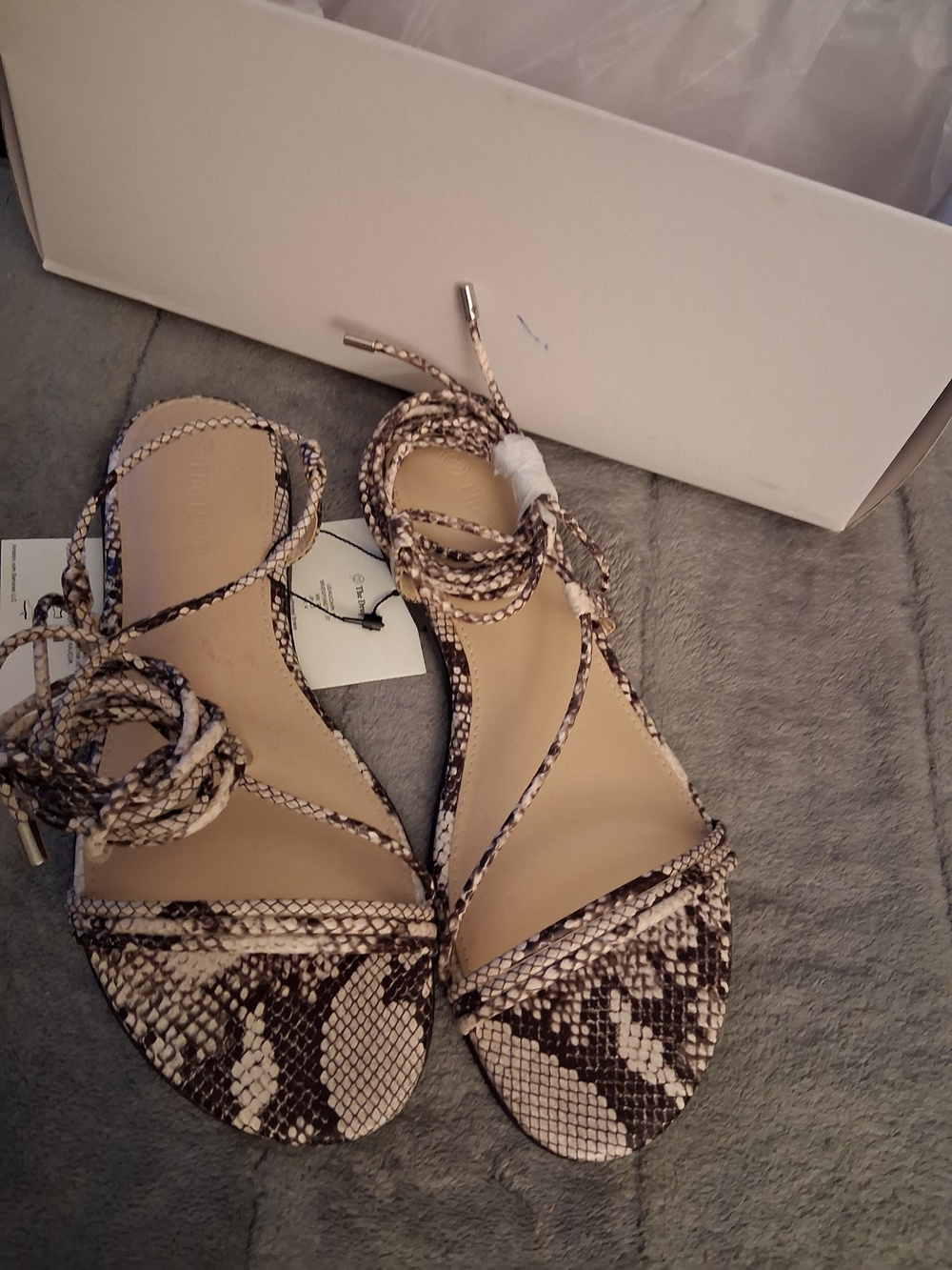 Snake-Print Lace-Up Sandals in Neutral